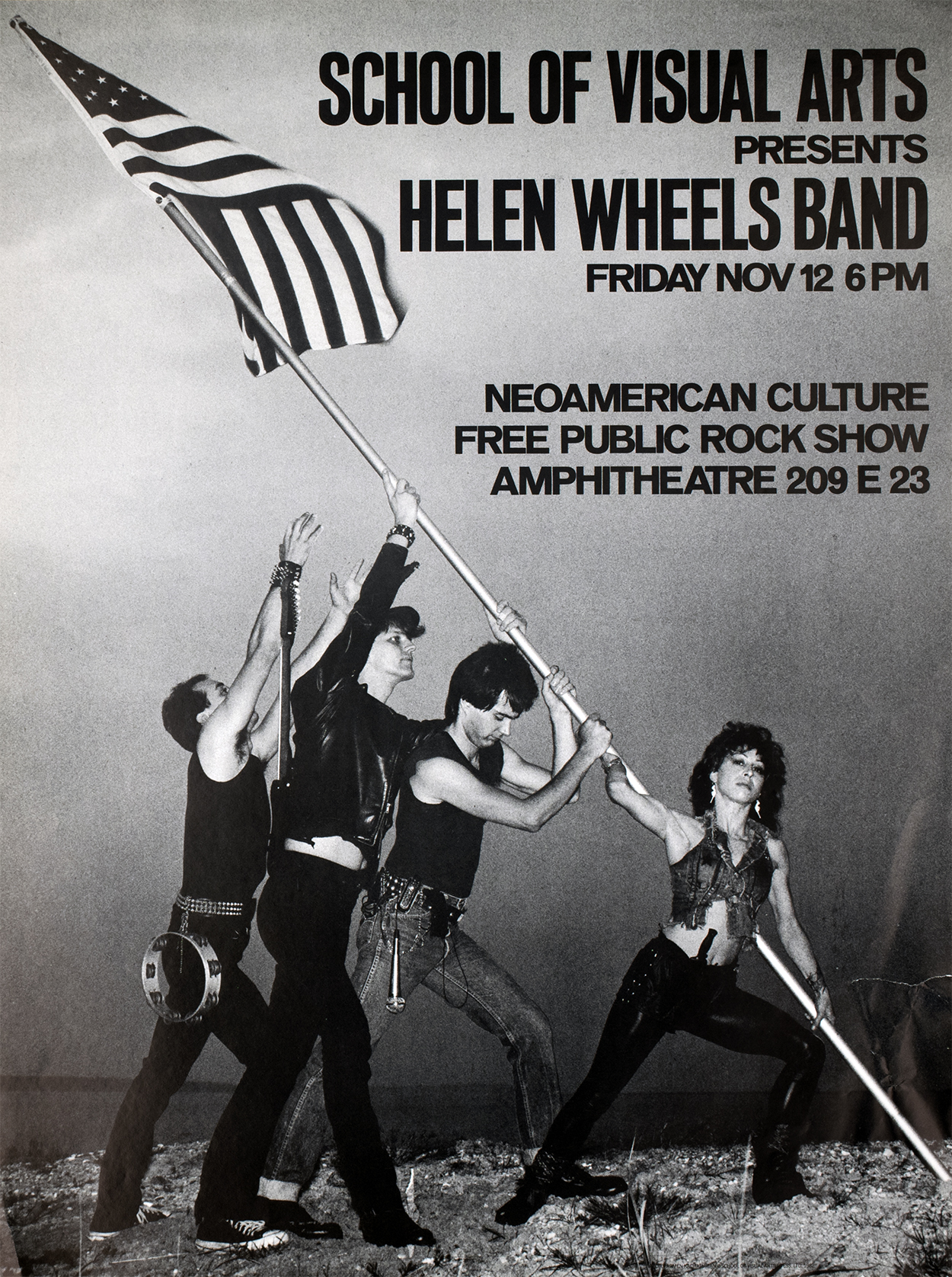 black and white photo of punk band lifting an American flag